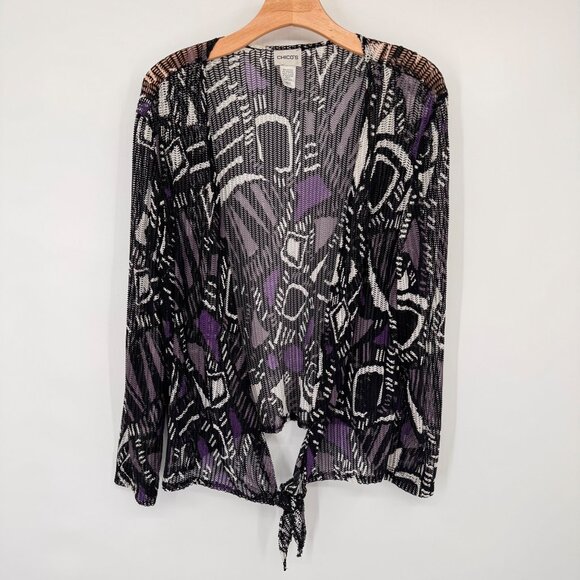 Chicos 2 Black Purple Tie-Front mesh Cardigan jacket Size large Geometric - Picture 6 of 10